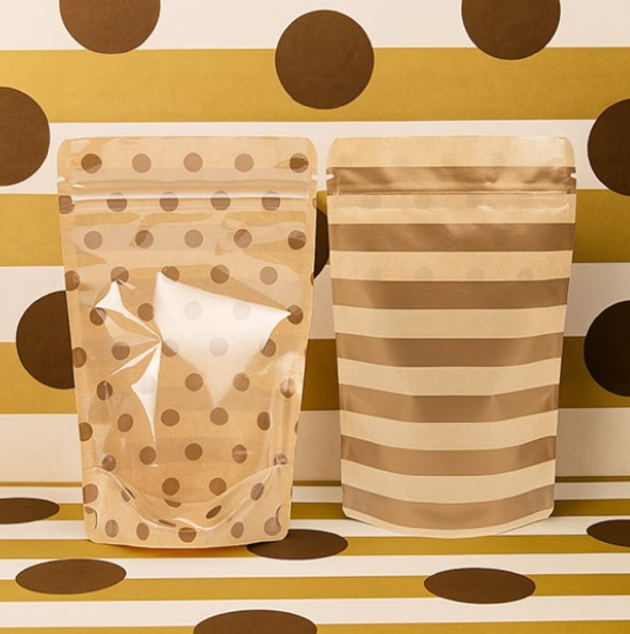 Kraft Stand Up Zipper Pouch w/ Gold Dots & Stripes 5 1/8" x 3 1/8" x 8 1/8" 25 pack ZBGSW3SDG